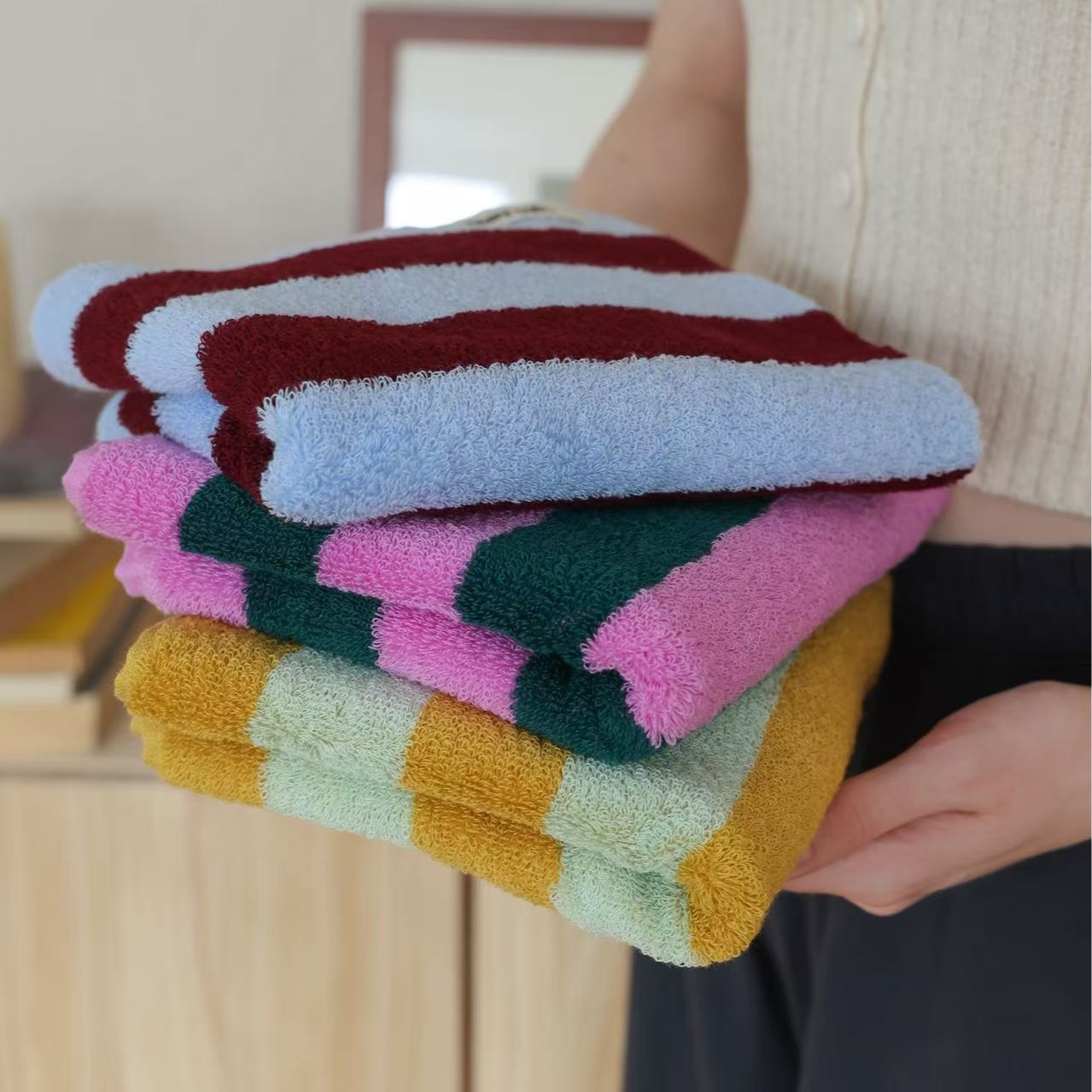 Home Textiles Face Towel - Retro Çizgili Saf Pamuk Havlu Yumuşak